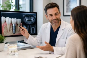 Oral surgeon explaining dental implant treatment options to a patient during consultation