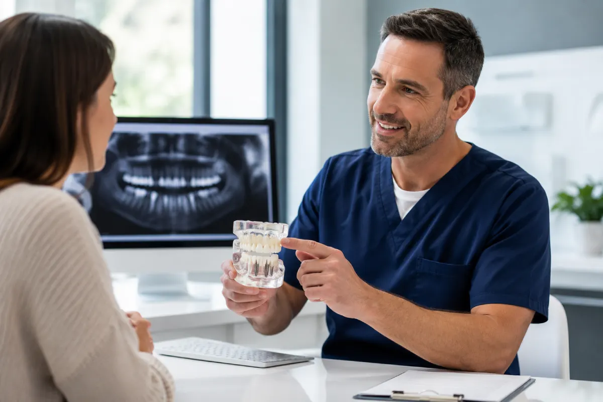 Oral surgeon explaining dental implant treatment options to a patient during an in-office consultation