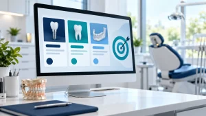 Desktop monitor displaying dental procedure campaign graphics and a target beside a dental model in a bright office.